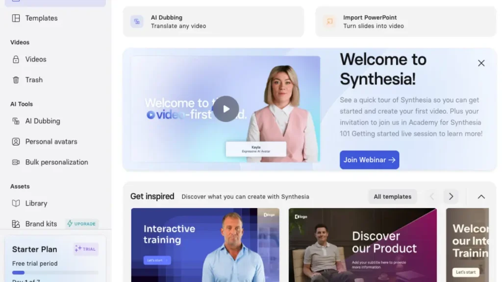 inside Synthesia dashboard for creating AI avatar videos – best AI video tools 2025