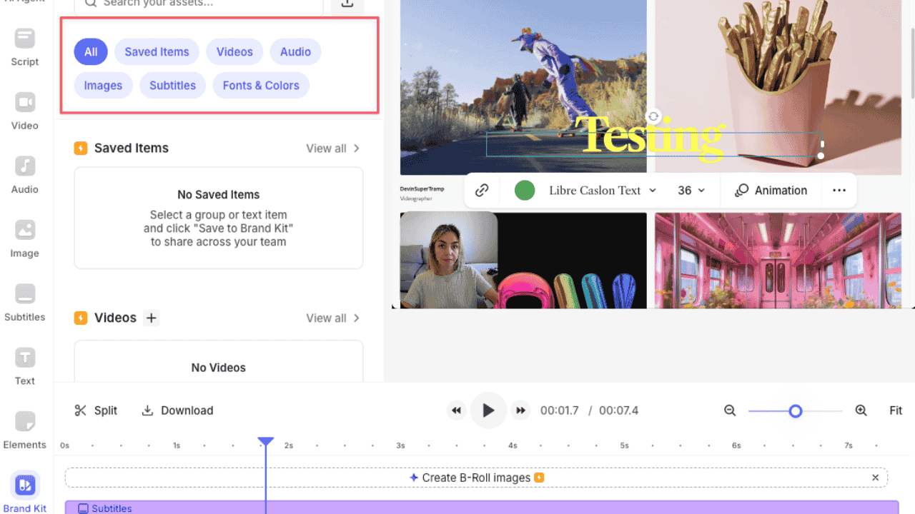 Veed.io Review highlighting Brand Kit section with saved fonts, colors, videos, and subtitle templates.