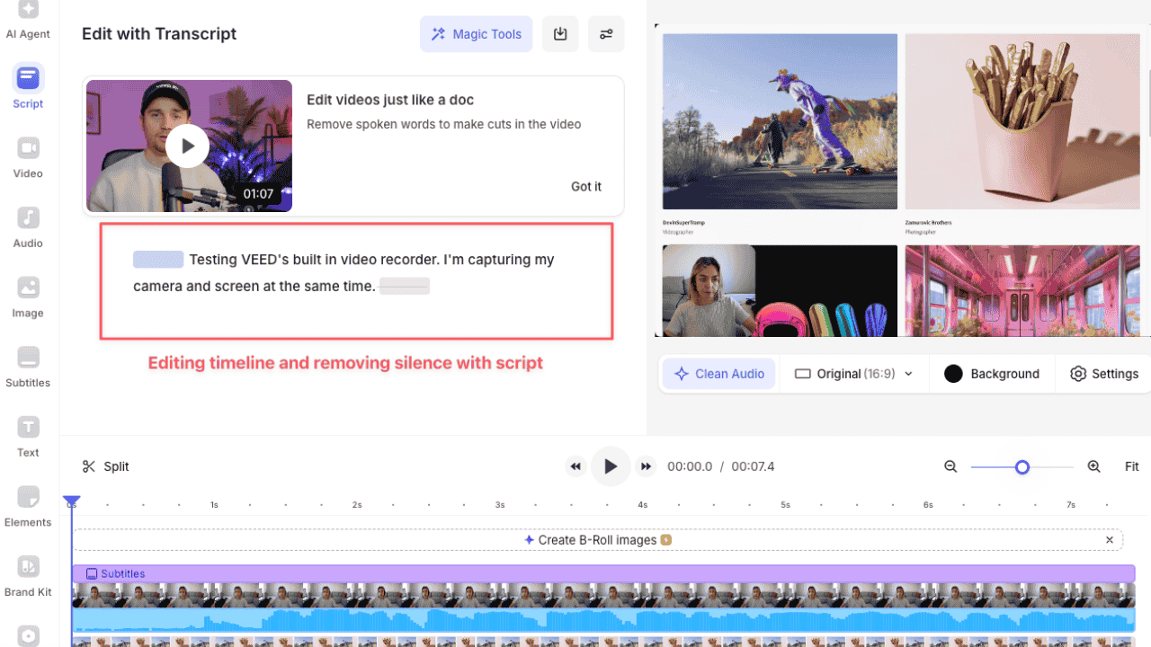 Veed.io Review feature showing edit-by-script workflow for removing silence and refining video transcript.