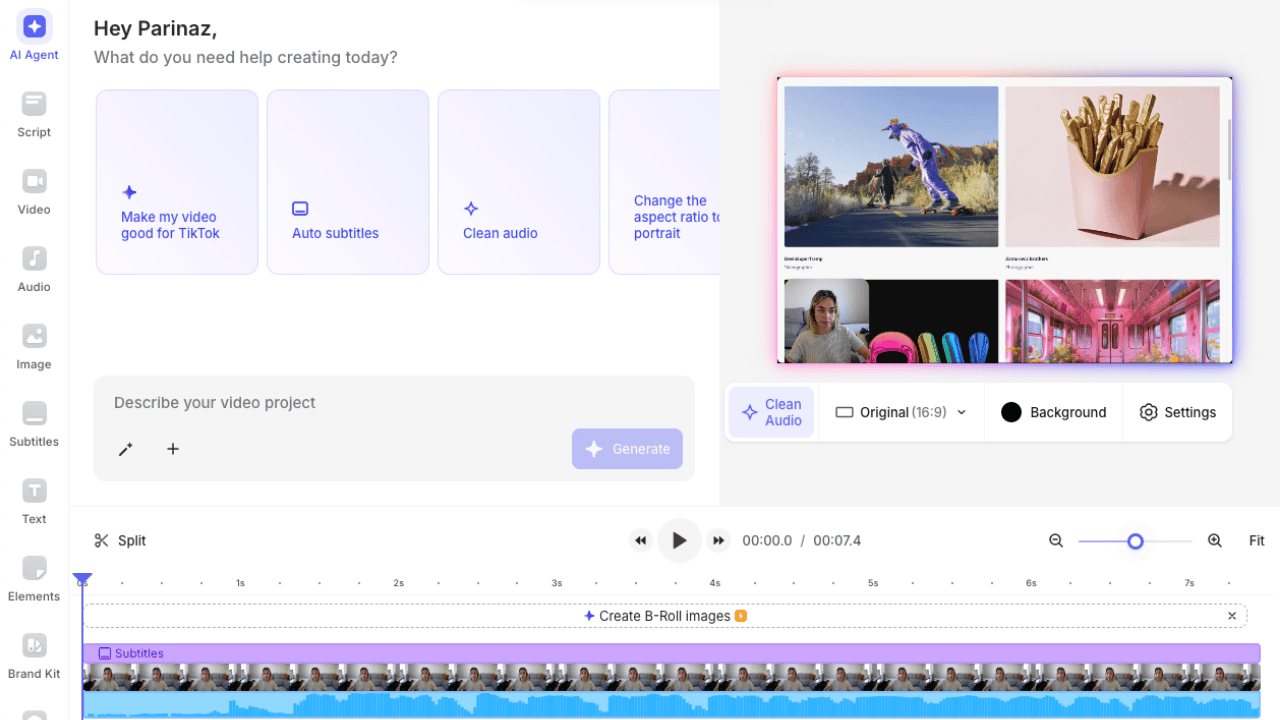 Veed.io Review dashboard showing AI Agent panel with tools for auto subtitles, TikTok optimization, and audio cleaning.