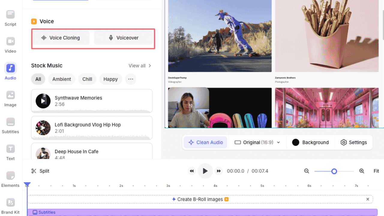 Veed.io Review audio editing panel featuring AI voice cloning, voiceover options, and stock music selection.