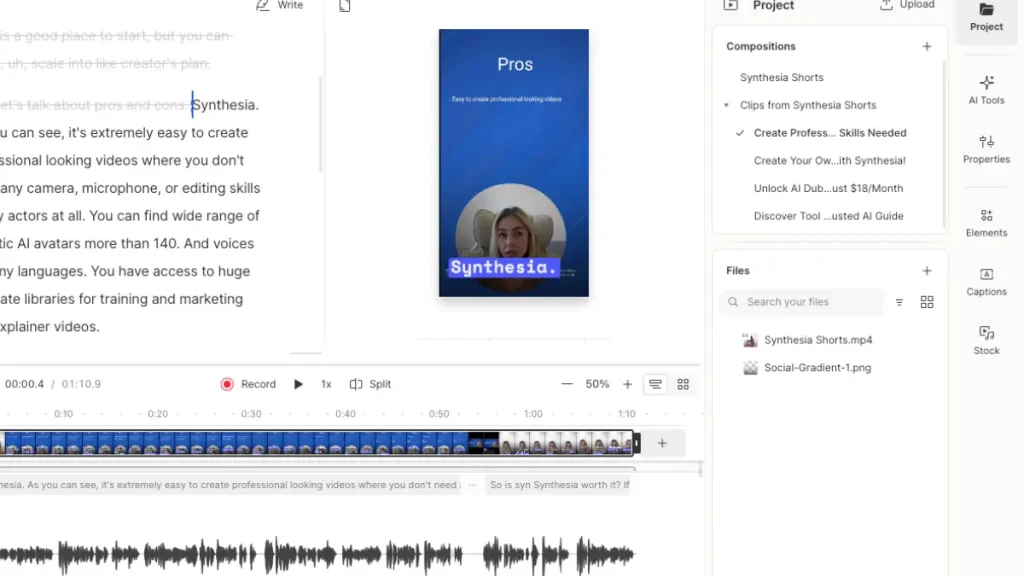Descript interface showing transcript-based video editing – best AI video tools 2025