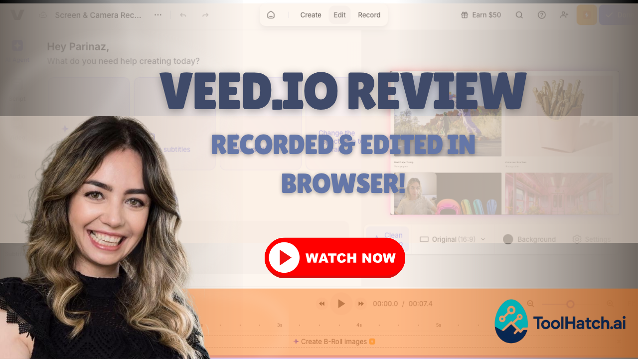 Poster showcasing ToolHatch’s Veed.io review with key pros, cons, and highlights of the AI video editing platform.
