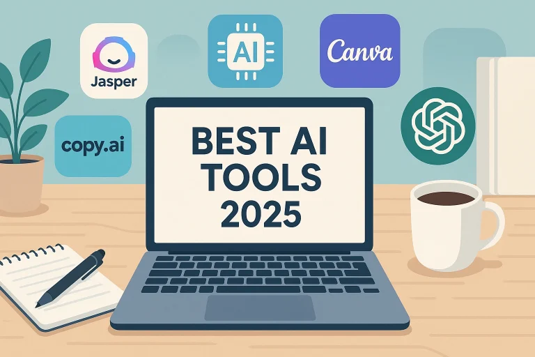 Illustration of a modern workspace with laptop showing text Best AI Tools 2025, surrounded by logos of Jasper, Copy.ai, Canva, and ChatGPT.