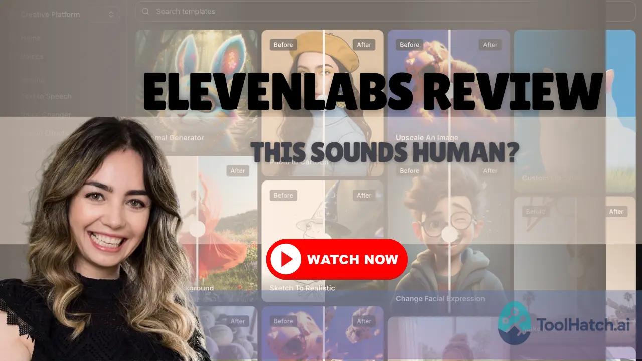 ElevenLabs review showing AI voice, text-to-speech, voice cloning, and dubbing features tested on ToolHatch
