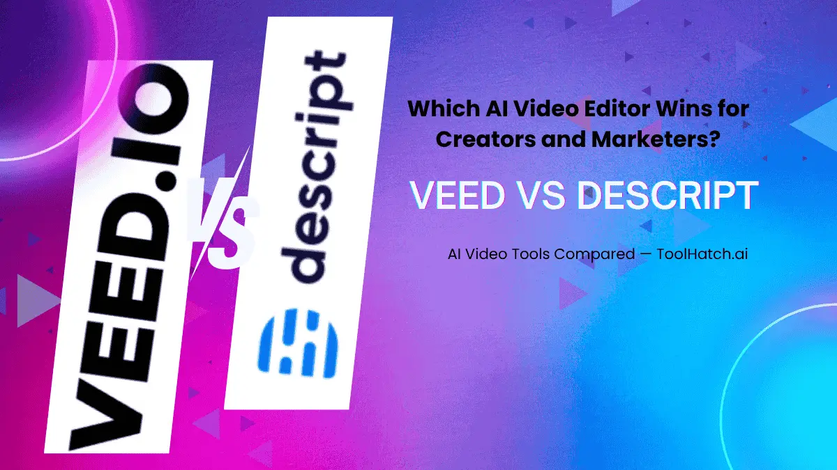 Veed vs Descript 2025 comparison banner showing both AI video editor logos with VS overlay and purple gradient background.