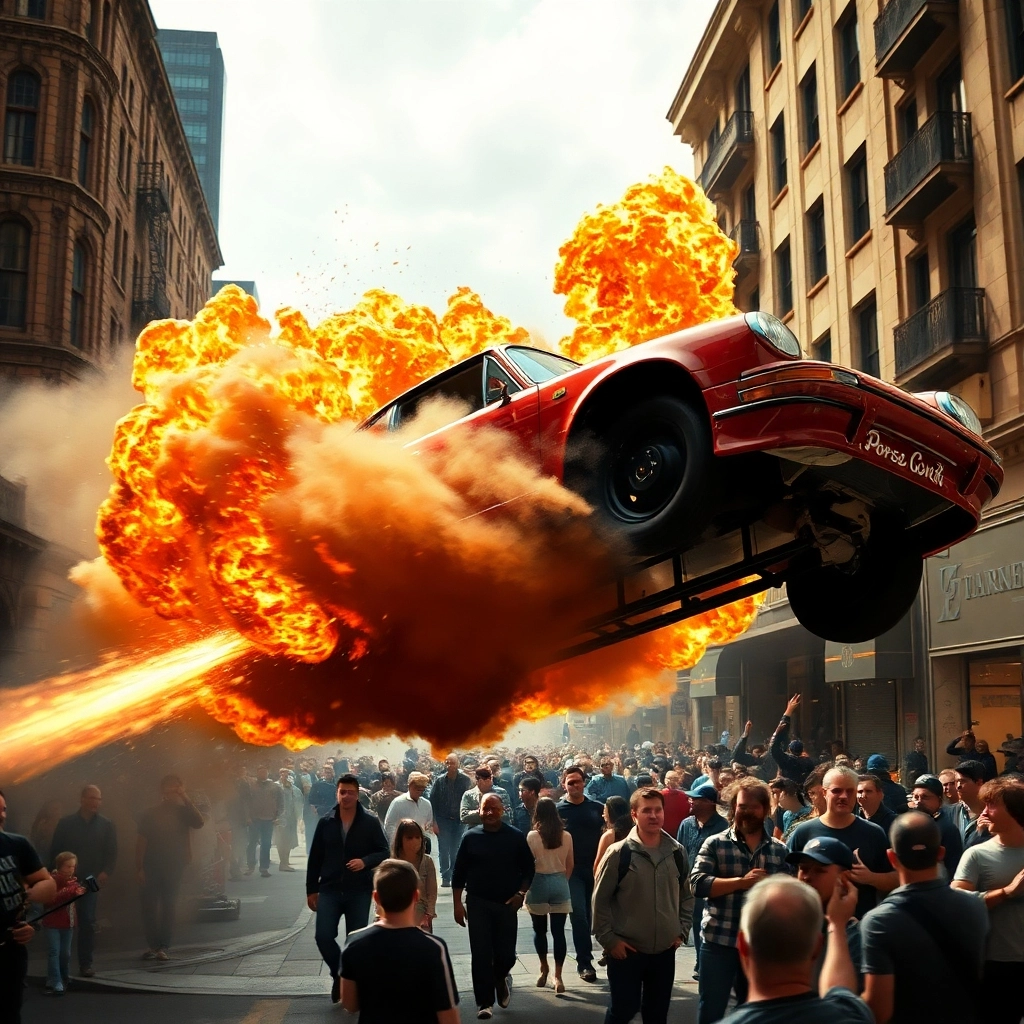 VideoGen review showing AI-generated cinematic action scene with car explosion in a city street