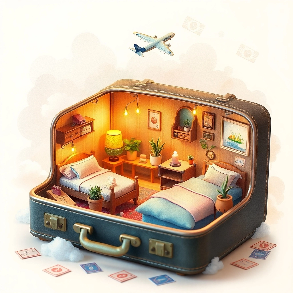 VideoGen review featuring AI-generated creative scene of a miniature bedroom inside a vintage suitcase