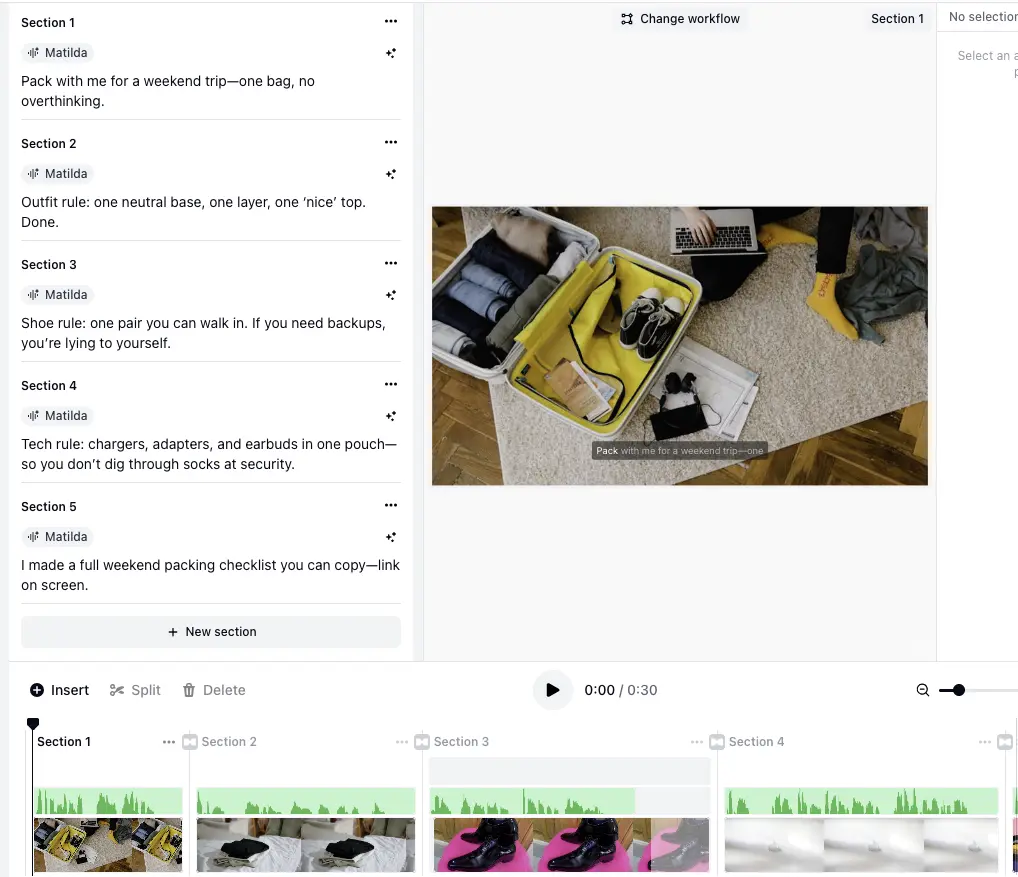 VideoGen review: script to video editor screen showing storyboard and scene settings